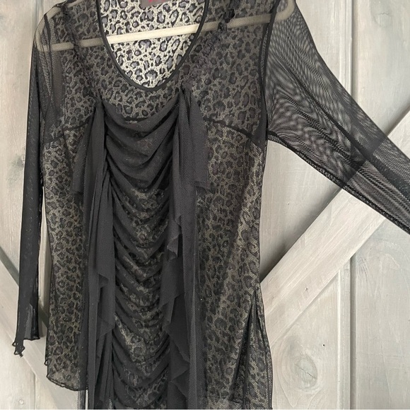 Dark Fairy WhimsiGoth Sheer Leopard Blouse Black netting longsleeve‎ festival - Picture 6 of 9